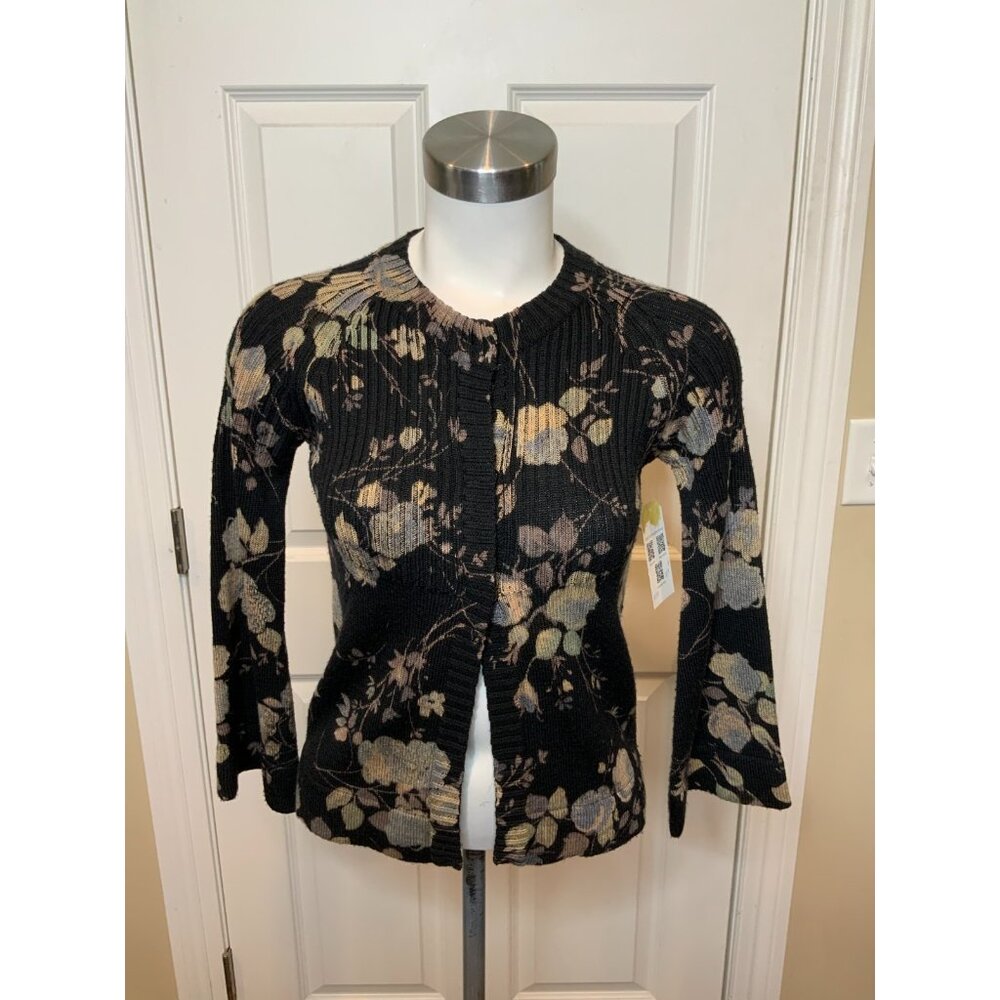 Charlotte Tarantola Anthropologie Black Rib Knit Painted Floral Cardigan, Size S